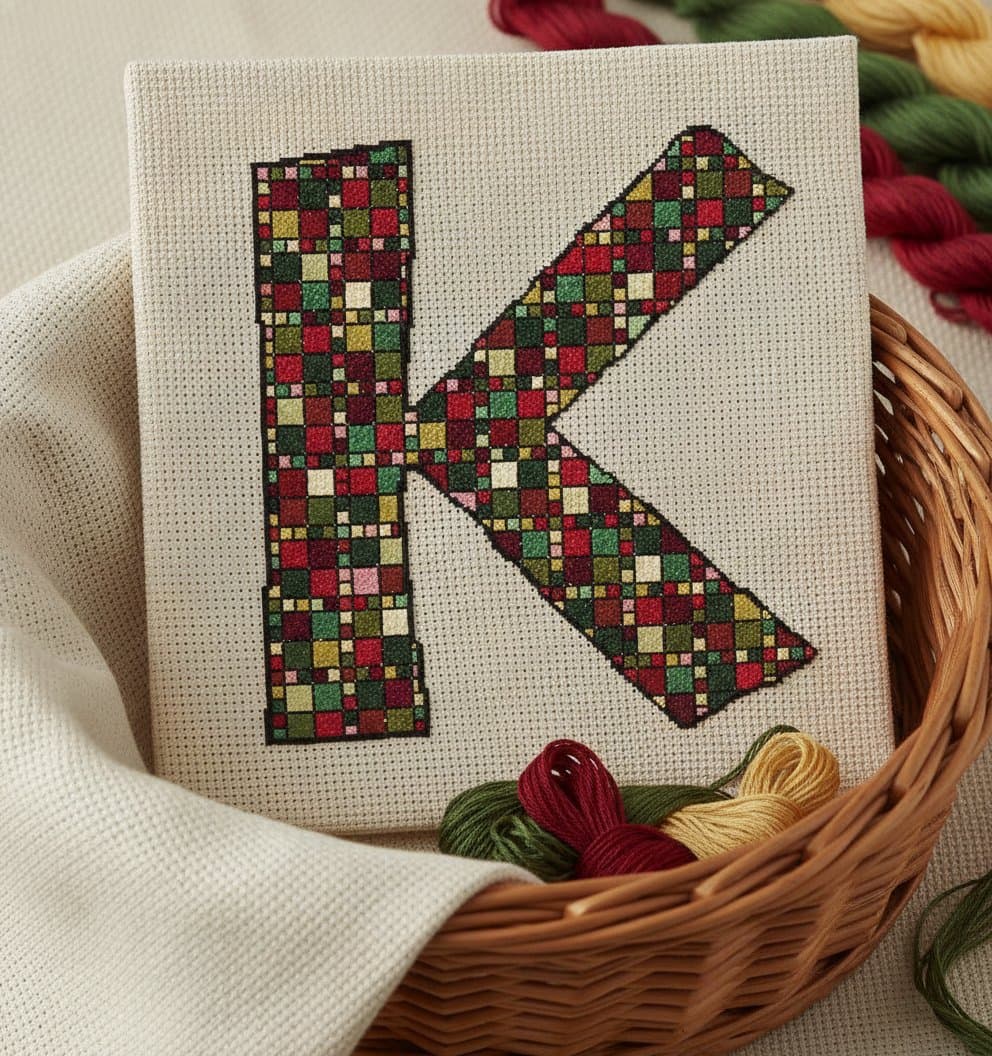 Festive Mosaic Letter K — cross-stitch pattern