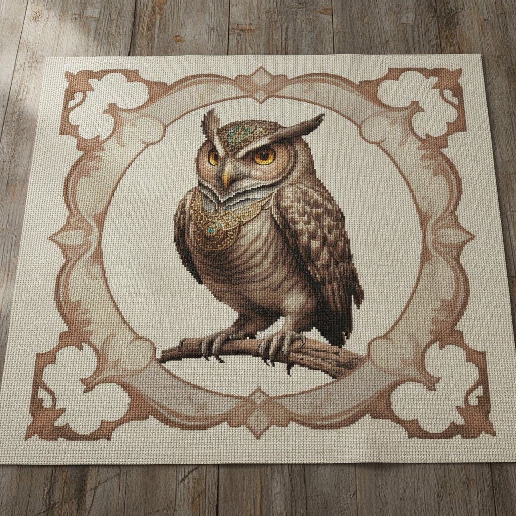 Ornate Owl with Crown — cross-stitch pattern