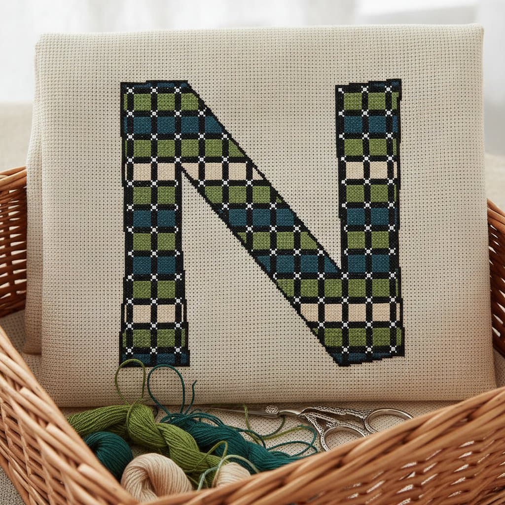Tartan Plaid Monogram Letter N — cross-stitch pattern
