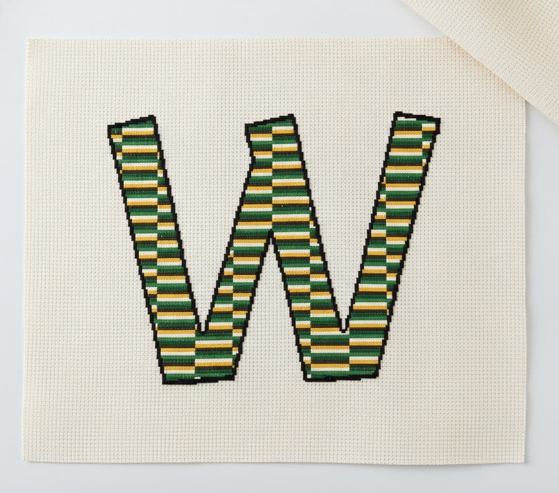 Green and Gold Striped W — cross-stitch pattern